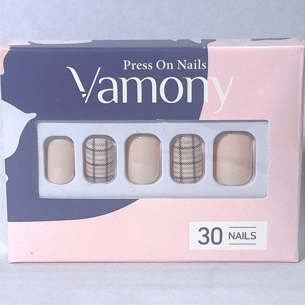 Vamony Press On Nails Nude Beige Plaid Short Square 30 Pieces NIB